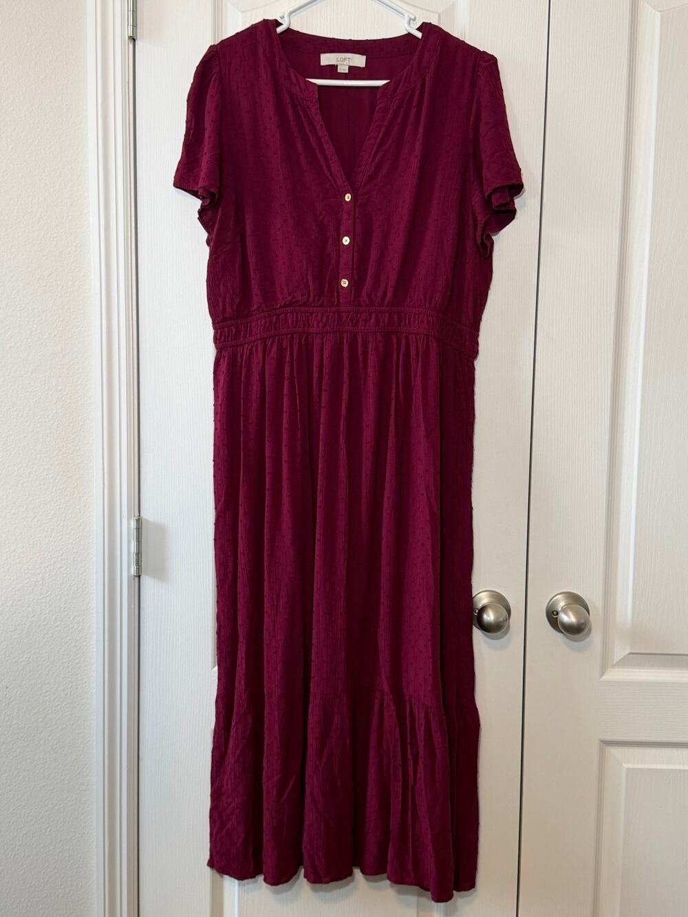 LOFT Burgundy Swiss Dot Button Front Midi Dress Smocked Waist Red Maroon Sz XL